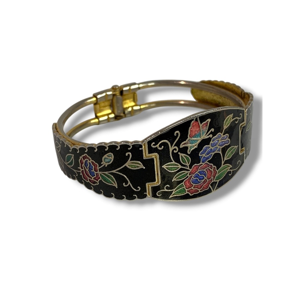1980s Goldtone Cloisonne Bangle Bracelet Hinged Butterfly